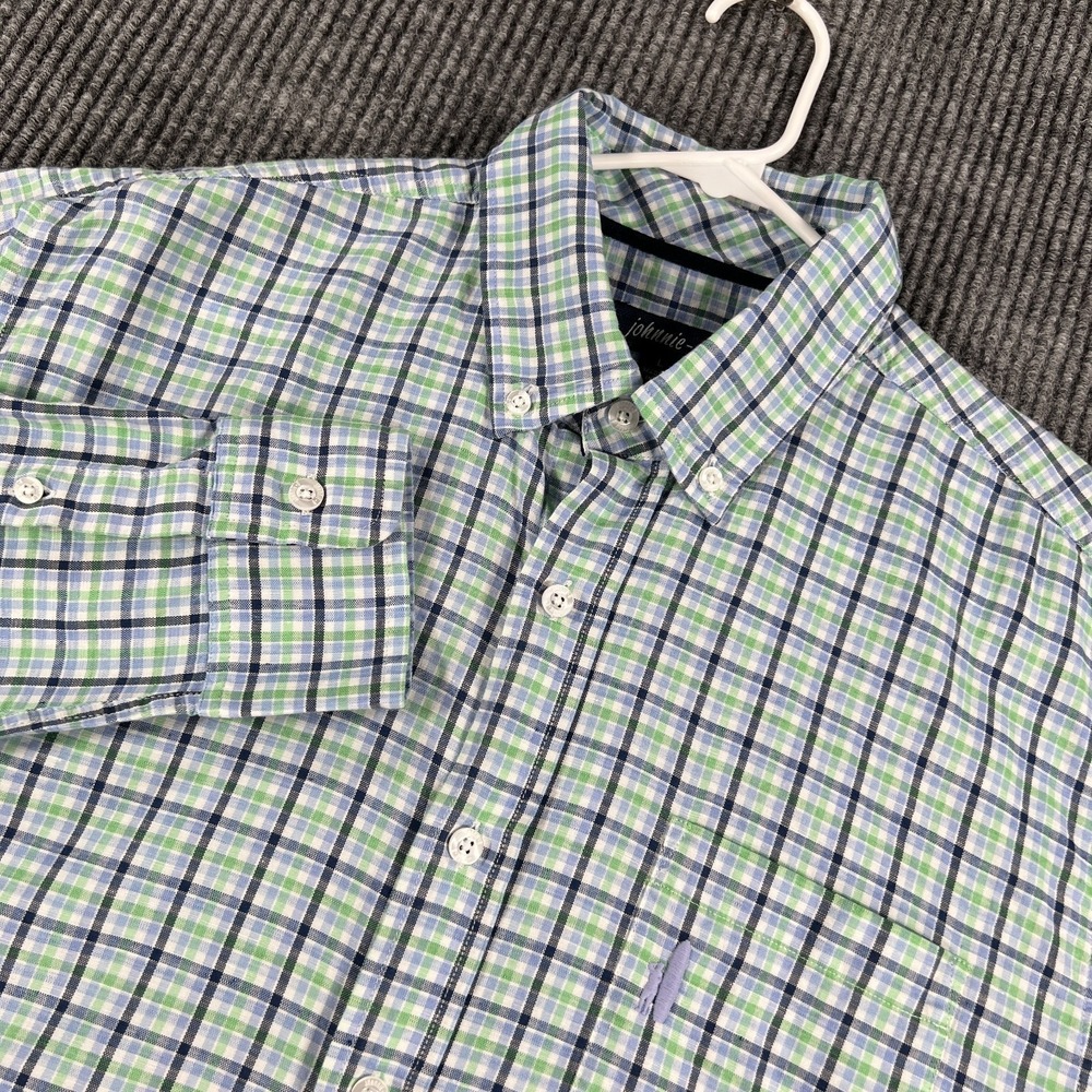 Johnnie O Shirt Mens Large Green Blue Plaid Long Sleeve Button Down Performance